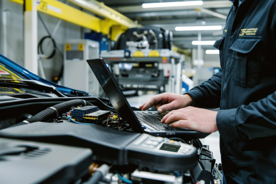 Tekniker diagnostiserar bil med laptop i verkstad
